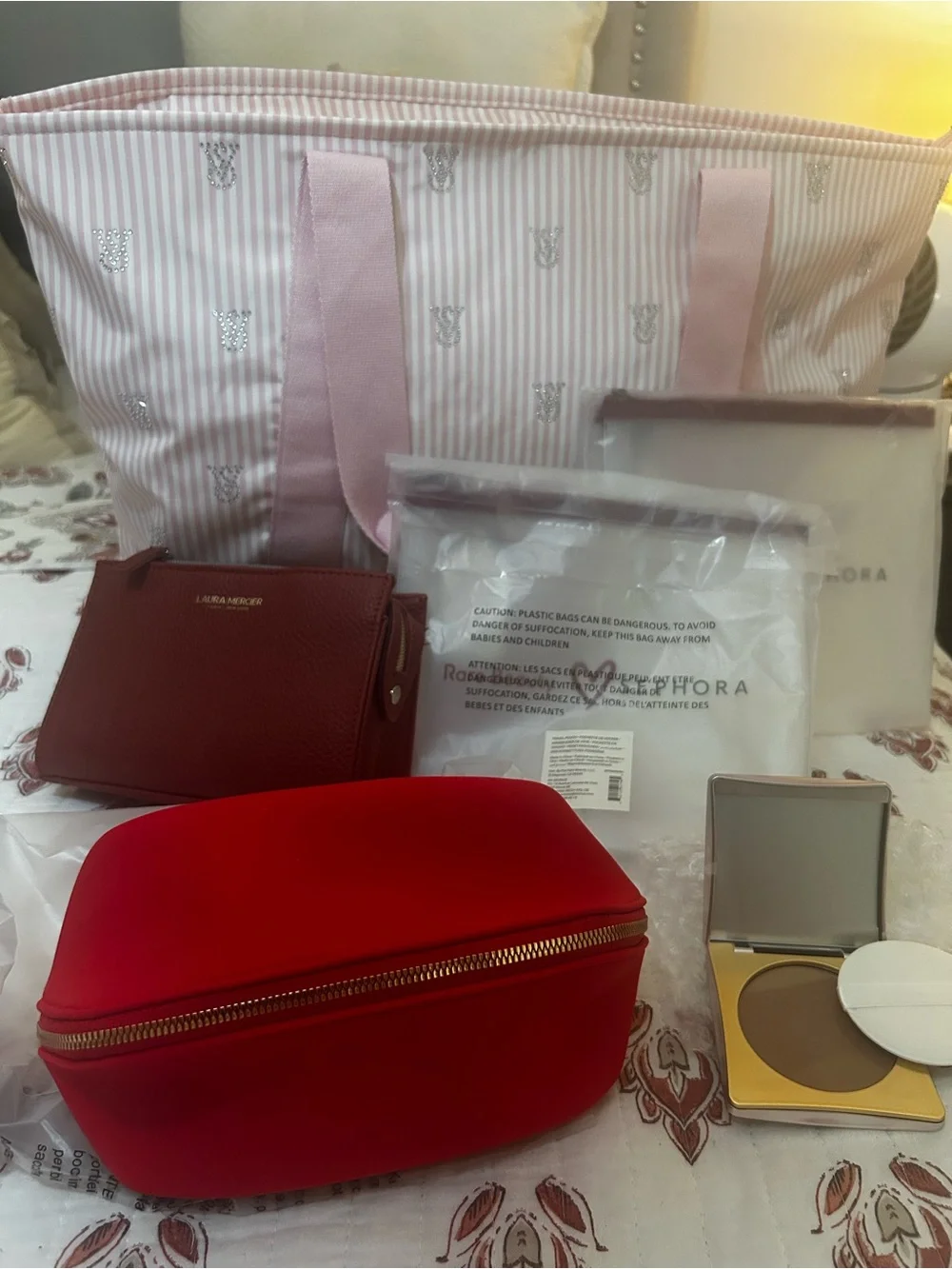 laura mercier Pink and Red Cosmetic Bag Set